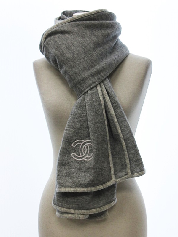 シャネル CHANEL ストール 大判 ココマーク カシミヤ シルク混 灰  