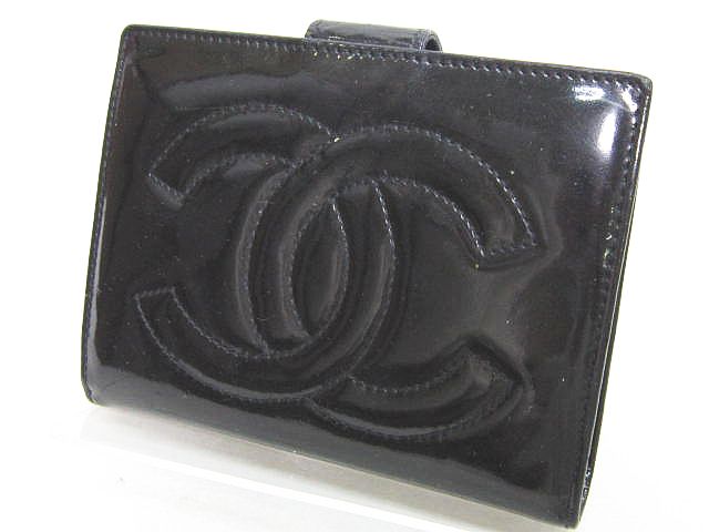 シャネル CHANEL 2つ折 財布 ココマーク ブラック 黒 エナメル レザー 