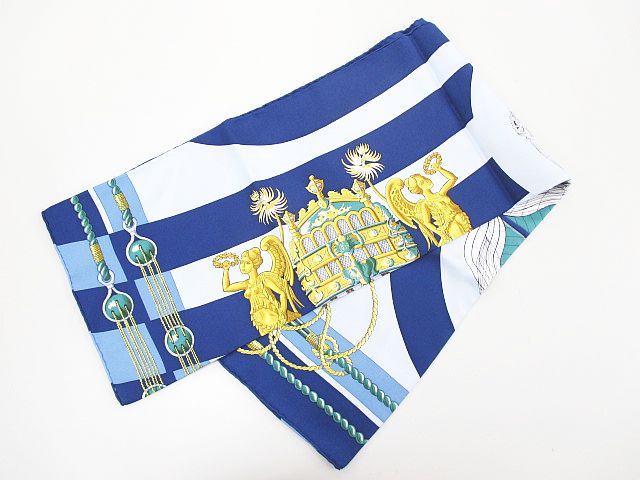 エルメス HERMES スカーフ 大判 カレ90 絹 シルク 青系 ブルー CHATEAU 