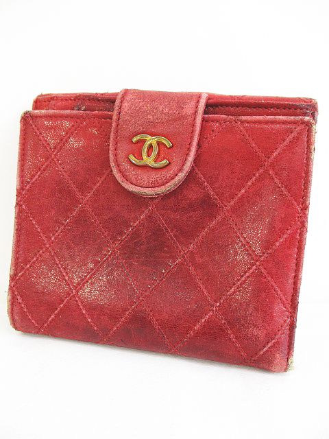 シャネル CHANEL ビコローレ 二つ折り 財布 CC ココマーク 赤系 レッド 