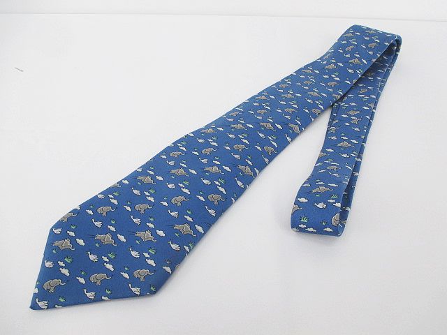 HERMES エルメス ネクタイ シルク 絹 象 ブルー 4033 HERMES エルメス ネクタイ 青（象柄） エルメス HERMES ゾウ柄