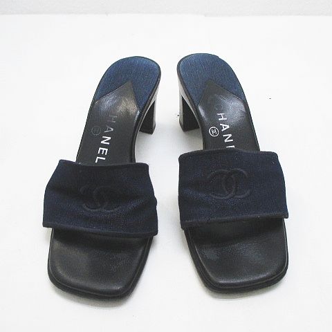 シャネル CHANEL サンダル ミュール ココマーク 刺繍 36 ブルー 青