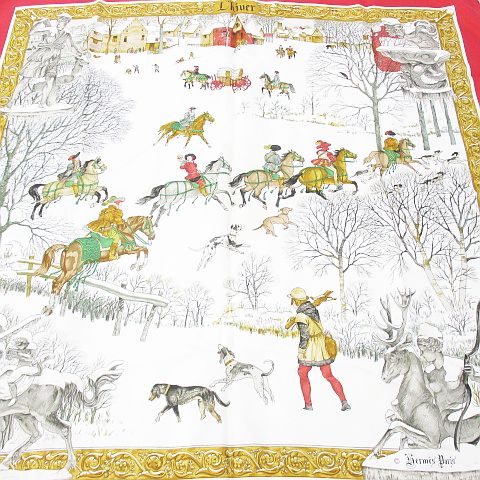 エルメス HERMES カレ90 大判 スカーフ L'hiver 冬 雪 赤系 レッド