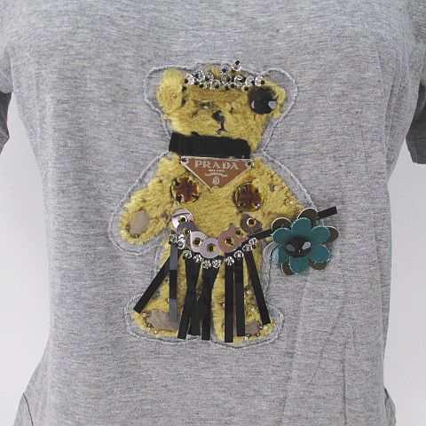 プラダ PRADA 半袖 カットソー ベア刺繍 Tシャツ クマ ロゴ グレー 灰 