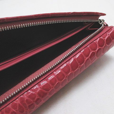 クロコダイル 長財布 日本製 かぶせ 背面L字ファスナー シャイニング 加工 バードンピンク レディース