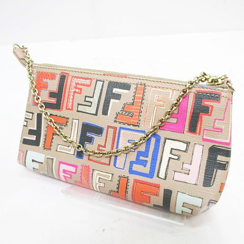 フェンディ FENDI アクセサリーポーチ ズッカ柄 チェーン ベージュ 