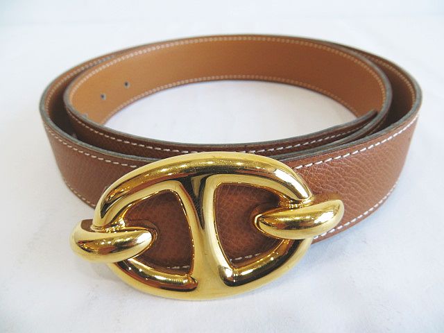 エルメス HERMES シェーヌダンクル レザー ベルト 85 〇Z刻印 ベージュ 