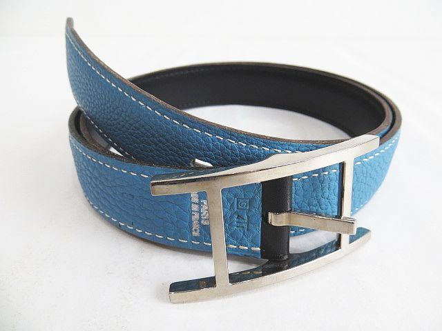エルメス HERMES リバーシブル ベルト ブルー ブラック □G刻印 レザー  