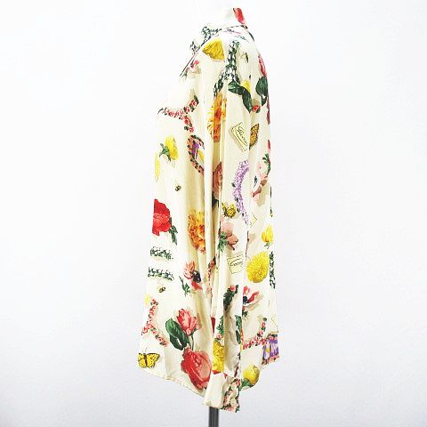 グッチ GUCCI 花柄 蝶 絹シルク 長袖 シャツ ブラウス ベージュ系 ロゴ 