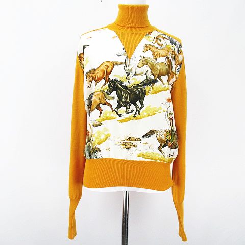 エルメス Hermes スカーフ柄 馬柄 長袖 ニット タートルネック 44 オレンジ系 ホワイト 白系 リブ レディース 077 ベクトルパーク