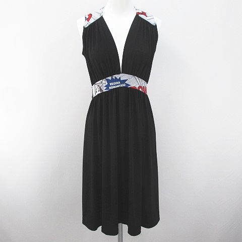 レジィーナロマンティコ Reginaromantico ノースリーブ 膝丈 ワンピース 36 黒系 ブラック プリント イラスト リボン ストレッチ 日本製 レディース 077 ベクトルパーク