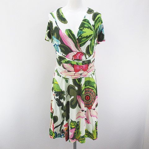 デシグアル Desigual 花柄 フラワー 半袖 膝上 ミニ フレアワンピース L 白系 ホワイト 緑系 グリーン ストレッチ レディース 077 ベクトルパーク