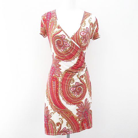 エレガンスミス Elegance Miss フレンチスリーブ ミニ丈 ワンピース 38 赤系 レッド 総柄 カシュクール ストレッチ レディース 077 ベクトルパーク