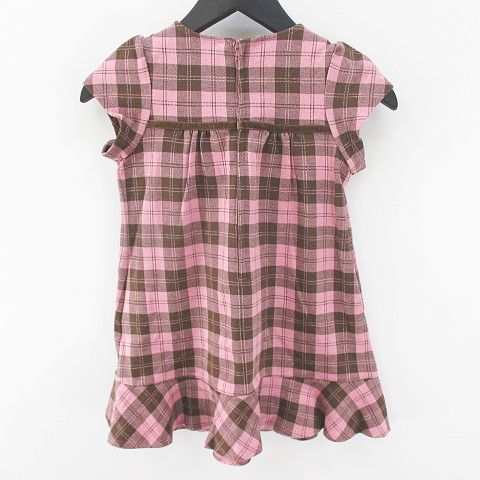 未使用品 ミキハウス Mikihouse チェック柄 半袖 膝丈 フレアワンピース 100 ピンク系 リボン ラインストーン 綿 コットン タグ付 キッズ 077 ベクトルパーク