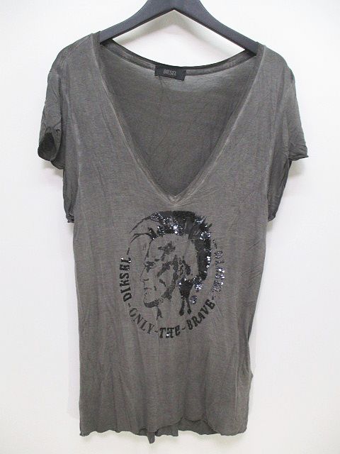 ディーゼル Diesel 半袖 カットソー Tシャツ ディーゼル ロゴ スパンコール Vネック 薄手 灰 グレー 無地 メンズ 077 ベクトルパーク