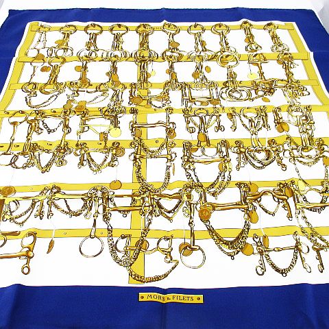 エルメス Hermes 絹 シルク カレ90 Mors Filets 馬具とビット 大判 スカーフ ストール ブルー 青系 フランス製 レディース 077 ベクトルパーク