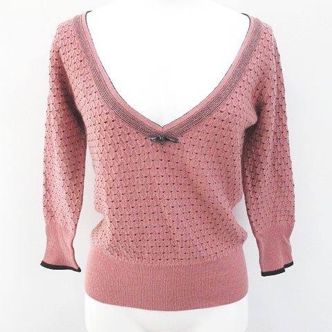 ジルスチュアート Jill Stuart 八分袖 ニット セーター Vネック M ピンク系 リボン リブ アンゴラ 毛 ウール レディース 077 ベクトルパーク