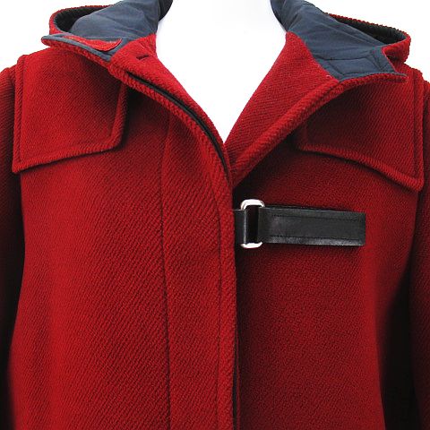 プラダ PRADA ロング ウール フードコート 46 レッド 赤系 ベルクロ