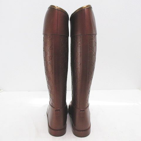 グッチ GUCCI レインブーツ ロング GG柄 37 ブロンズ ラバー