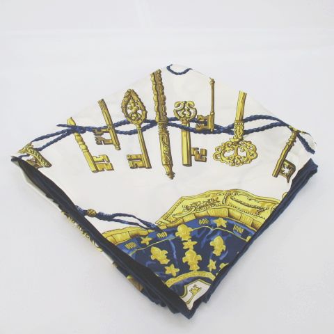 エルメス HERMES LES CLES 鍵柄 絹 シルク カレ90 スカーフ ストール