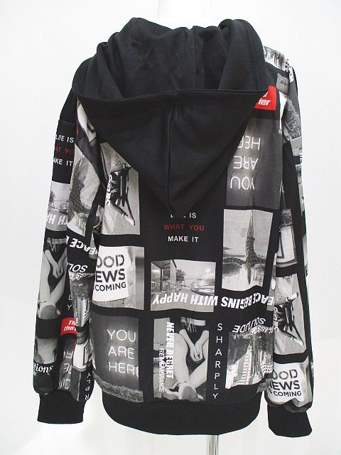 Leahmatin しまむら 長袖 パーカ フード プリント フルジップ リブ M 黒 白 ブラック ストレッチ レディース 077 ベクトルパーク