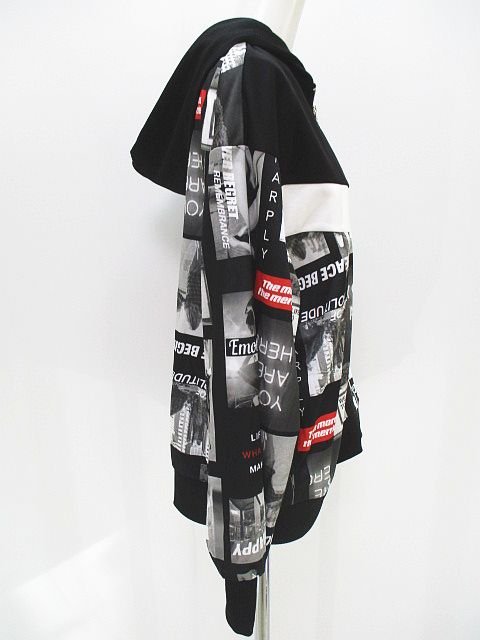 Leahmatin しまむら 長袖 パーカ フード プリント フルジップ リブ M 黒 白 ブラック ストレッチ レディース 077 ベクトルパーク