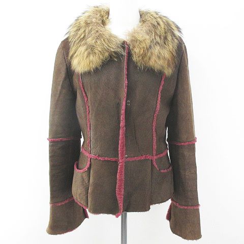 マーレンダム Marlenedam ムートンコート ジャケット 羊革 ラクーンファー 毛皮 42 茶系 ブラウン ホック ボア レディース 077 ベクトルパーク