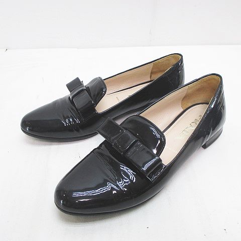 プラダ PRADA オペラシューズ リボン 37.5 ブラック 黒 エナメル 