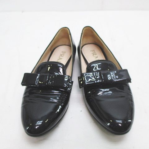 プラダ PRADA オペラシューズ リボン 37.5 ブラック 黒 エナメル レザー 革 イタリア製 レディース 在庫限最終特価 プラダ エナメルオペラシューズ フラットシューズ/バレエシューズ