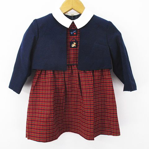 ファミリア Familiar 2点セット ワンピース ボレロジャケット アンサンブル フォーマル 100 レッド 赤系 ネイビー 紺系 裏地 ウール 毛 キッズ 077 ベクトルパーク