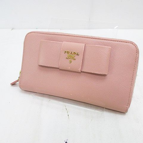 プラダ PRADA 長財布 リボン ラウンドファスナー ピンク レザー 
