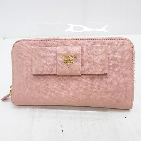 プラダ PRADA 長財布 リボン ラウンドファスナー ピンク レザー 