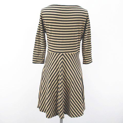 ユニクロ Uniqlo ボーダー 七分袖 膝丈 フレアワンピース L ブラック 黒系 ブラウン 茶系 プルオーバーストレッチ 綿 コットン レディース 077 ベクトルパーク