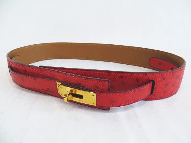 エルメス HERMES オーストリッチ レザー ベルト ケリー レッド 赤計 S 