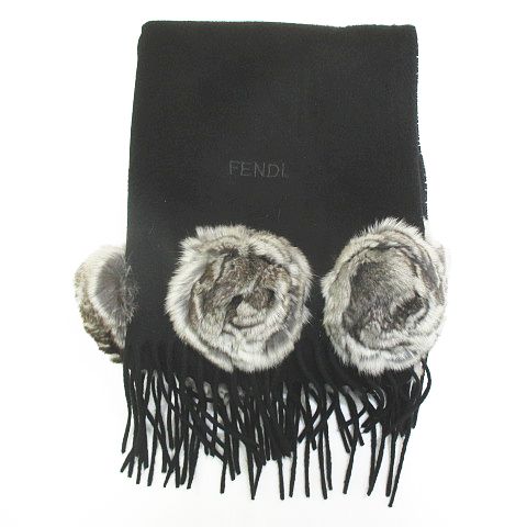 FENDI カシミヤ ストール 黒 フリンジ付き フェンディ FENDI マフラー ストール カシミヤ 黒系 ブラック