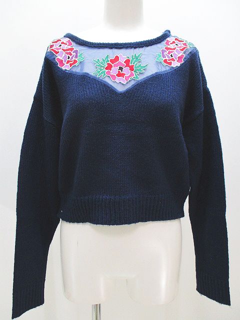 エヴリス Evris クロップド丈 ニット セーター 柄 花柄 F 紺 ネイビー 無地 丸首 レディース 077 ベクトルパーク