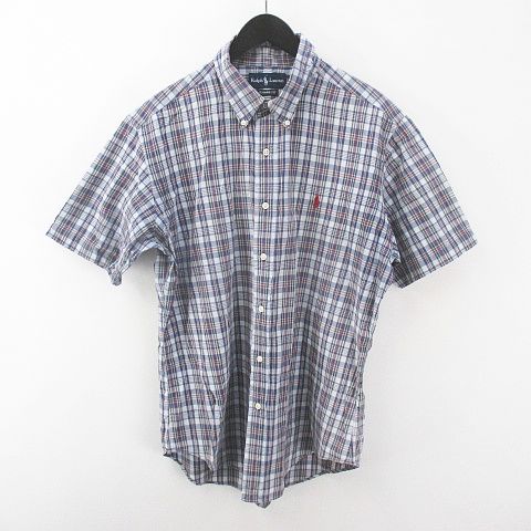 ラルフローレン刺繍ロゴ　半袖シャツ　BDシャツ　チェック柄　古着　XL 人気♥️ラルフローレン シアサッカー 半袖BDシャツ 刺繍ロゴ チェック