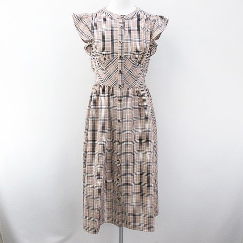 未使用品 ミーア Miia チェック柄 フレンチスリーブ ミモレ丈 フレアワンピース F ベージュ系 編み込み タグ付 レディース 077 ベクトルパーク