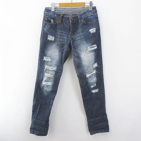 プライドインターナショナルデザイン Pride ロング丈 デニム パンツ ジーンズ ジップフライ 紺系 ネイビー インディゴ ダメージ加工 綿 コットン レディース 077 ベクトルパーク