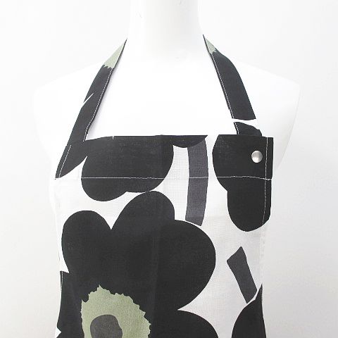 未使用品 マリメッコ marimekko 花柄 フラワー エプロン 黒系 ブラック