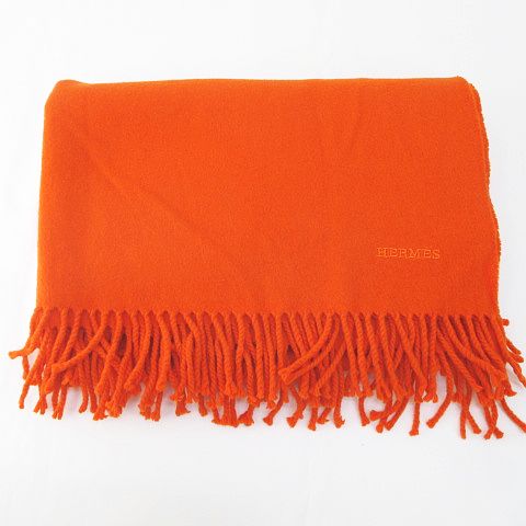 【美品】HERMÈS エルメス カシミヤ100% マフラー オレンジ HERMES エルメス マフラー ロゴ 刺繍 カシミヤ100% オレンジ