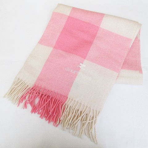 クレージュ Courreges チェック柄 マフラー ストール ショール ピンク系 ロゴ 文字 刺繍 フリンジ 毛 ウール レディース 077 ベクトルパーク