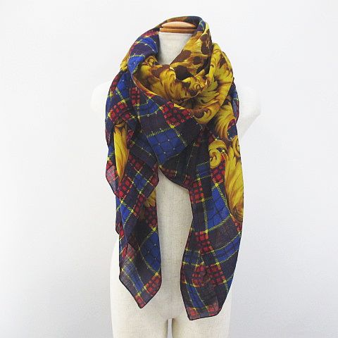 大判 チェック柄 ヒョウ柄 ストール マフラー ショール 絹 シルク 青系 ブルー イタリア製 シースルー 透け感 毛 ウール レディース 077 ベクトルパーク