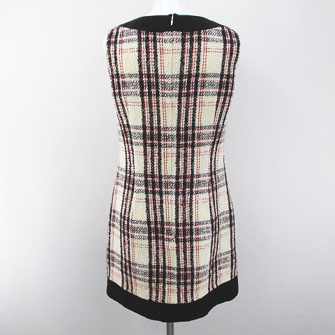 ダックス Daks チェック柄 ノースリーブ 膝上 ミニ ワンピース ツイード 38 白系 ホワイト 日本製 毛 ウール 綿 コットン 裏地 レディース 077 ベクトルパーク
