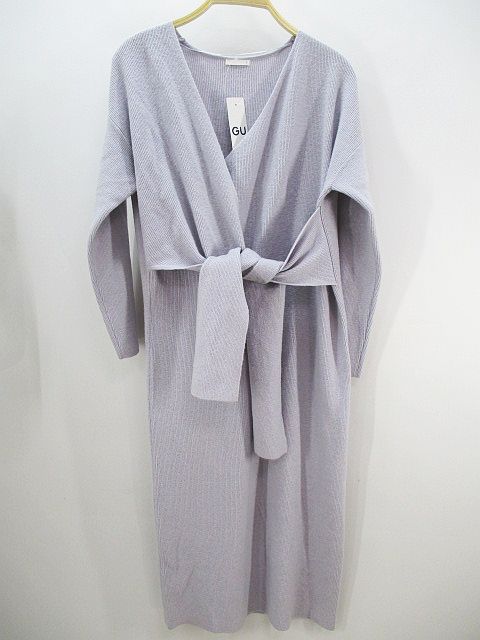 未使用品 ジーユー Gu ロング丈 長袖 カシュクール ニット ワンピース ベルト S 灰 ブルーグレー 無地 タグ付 レディース 077 ベクトルパーク