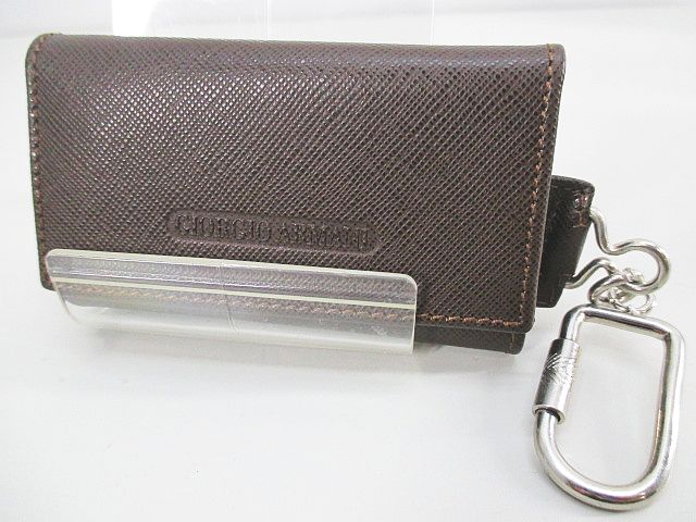 ジョルジオアルマーニ Giorgio Armani キーケース 3つ折り 6連 カラビナ ブラウン レザー イタリア製 メンズ 077 ベクトルパーク