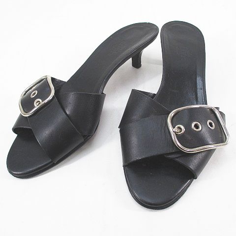 エルメス HERMES ミュール サンダル クロスベルト 37 ブラック 黒  