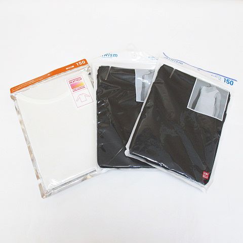 ユニクロ Uniqlo 3点セット エアリズム ヒートテック ノースリーブ タンクトップ 九分袖 カットソー インナーウェア 150 黒系 ブラック 白系 ホワイト ストレッチ 無地 キッズ 077 ベクトルパーク