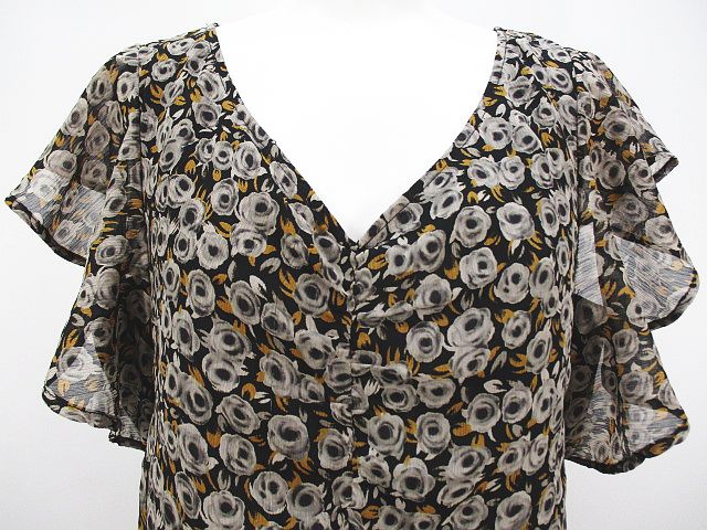 ジャイロ Jayro 花柄 半袖 ワンピース ミニ丈 M 黒系 ブラック Vネック ギャザー 裏地 レディース 077 ベクトルパーク