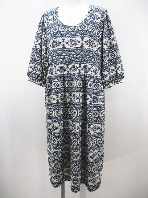 チチカカ Titicaca エスニック柄 七分袖 ワンピース ロング丈 Free 青系 ブルー 総柄 裏地 レディース 077 ベクトルパーク